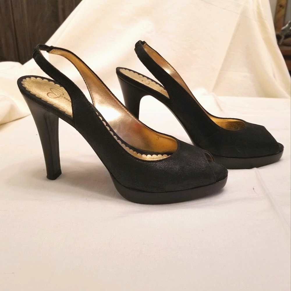 Black Metallic Jessica Simpson Peep Toed Heels - Like New
